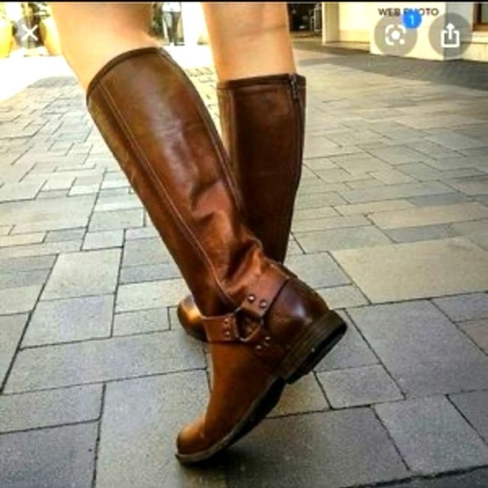 Frye Phillip Harness Tall Knee High Boots Zip Back Classic Cognac Leather Sz 7.5